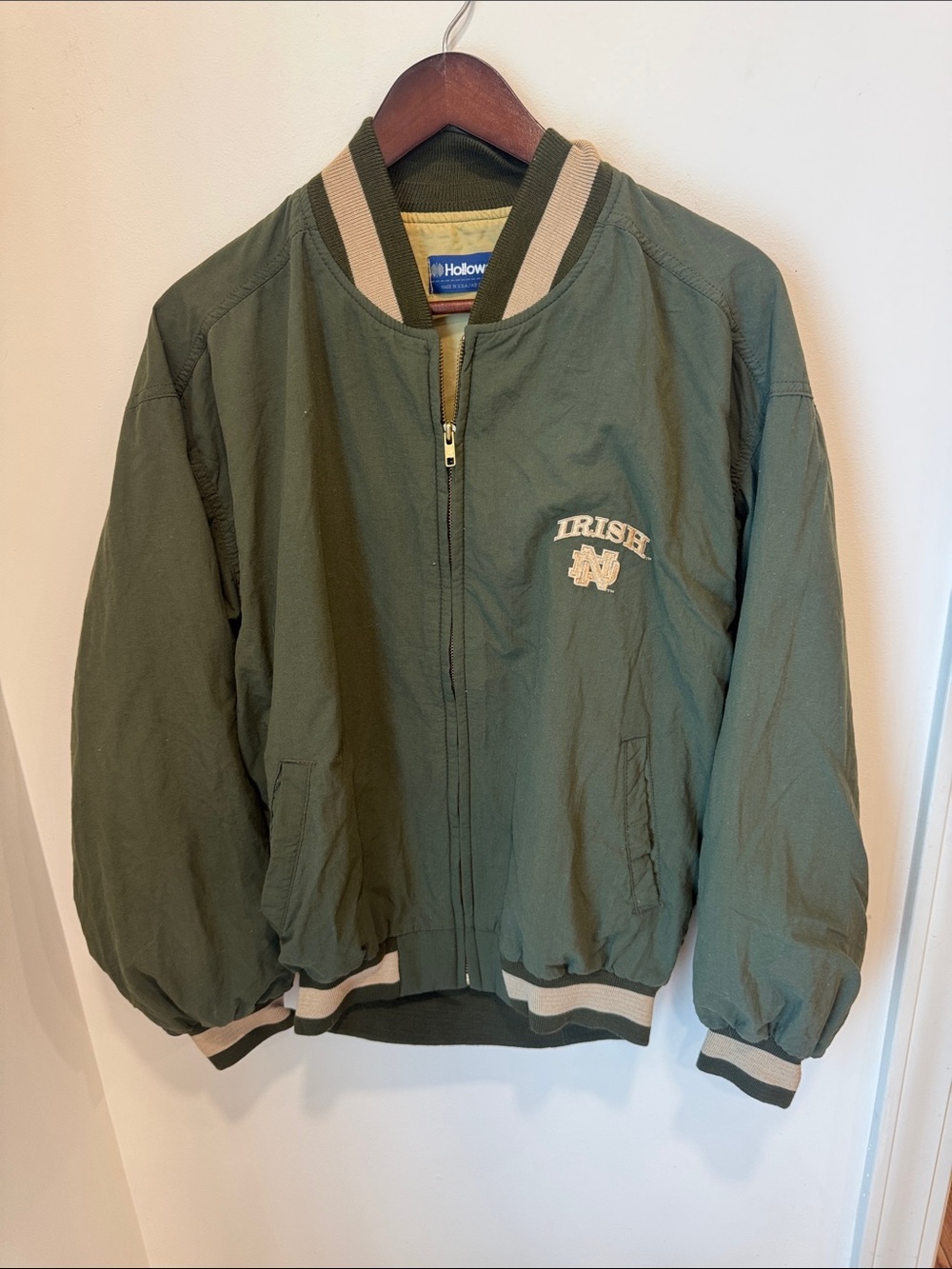90s Holloway Notre Dame Fighting Irish Bomber Jacket Made in USA Green M
